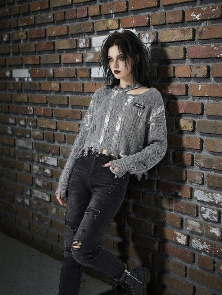 Metal Pin Distressed Knit Pullover