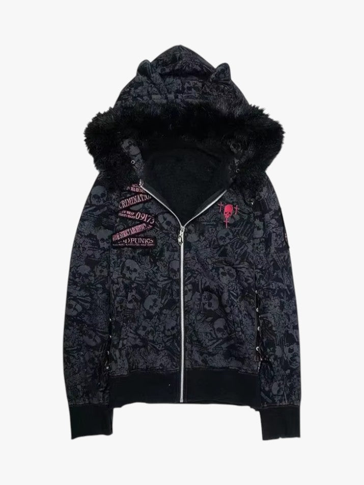 Skull Fur Patchwork Hooded Jacket