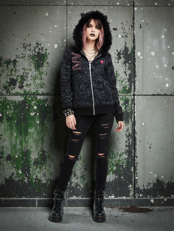Skull Fur Patchwork Hooded Jacket