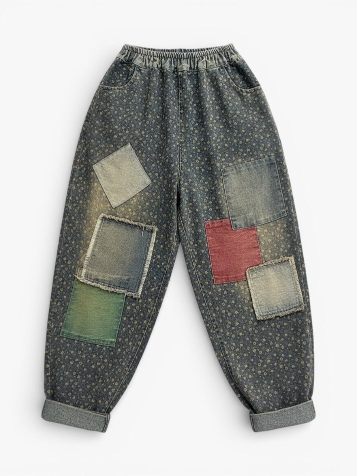 Vintage Floral Harem Denim Pants Grunge Loose Jeans