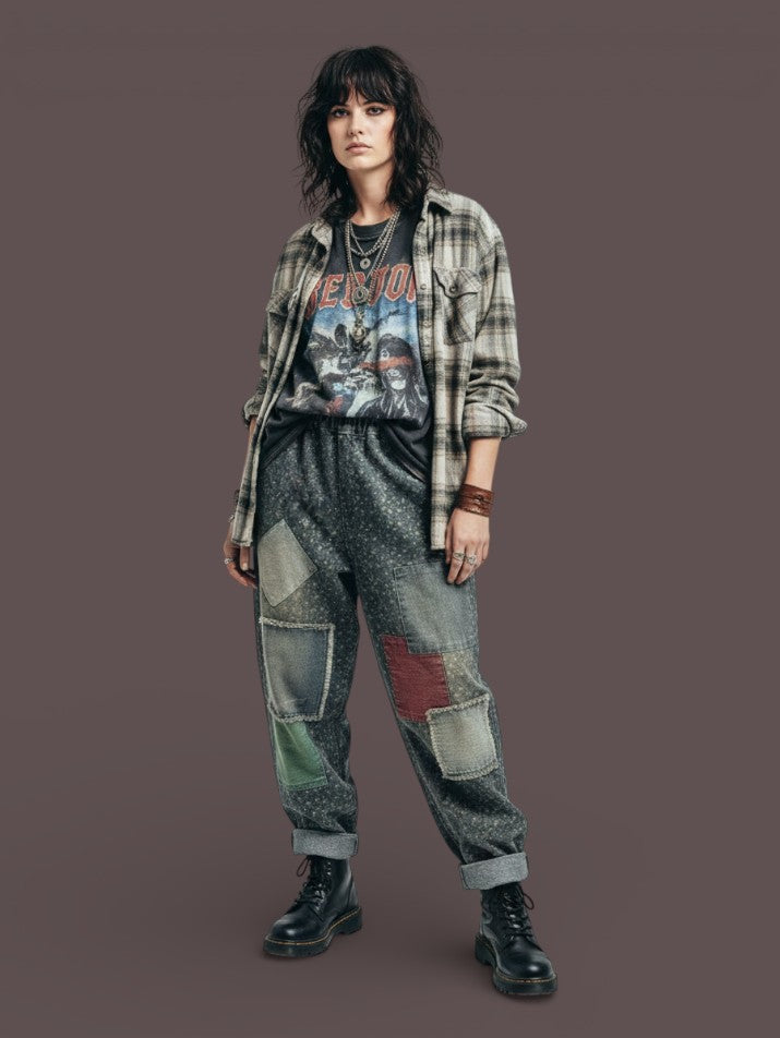 Vintage Floral Harem Denim Pants Grunge Loose Jeans