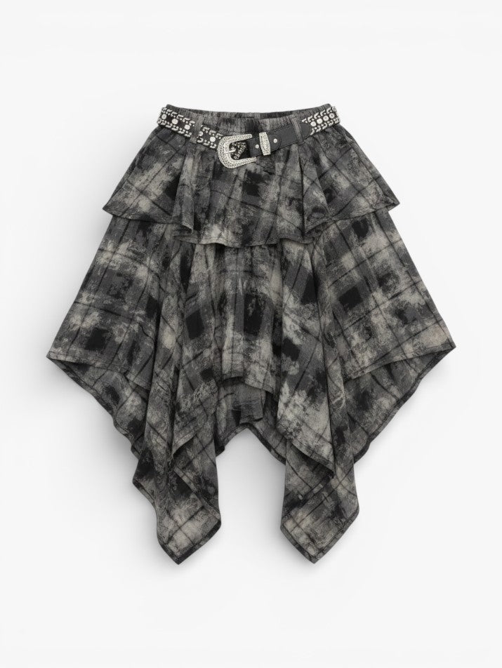 Tie-Dye Plaid Ruched Grunge Skirt