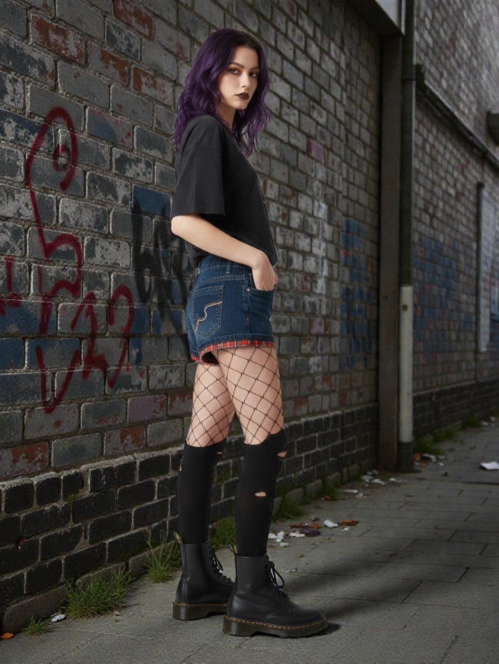 Red Plaid Low-Rise Grunge Denim Shorts