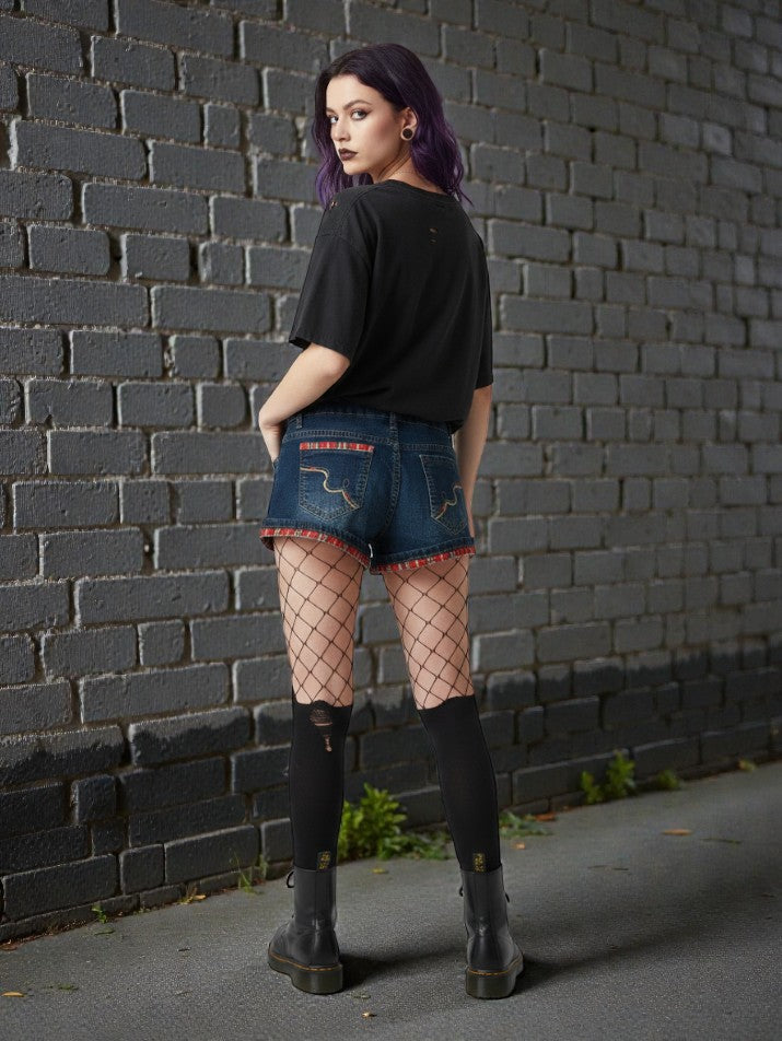 Red Plaid Low-Rise Grunge Denim Shorts