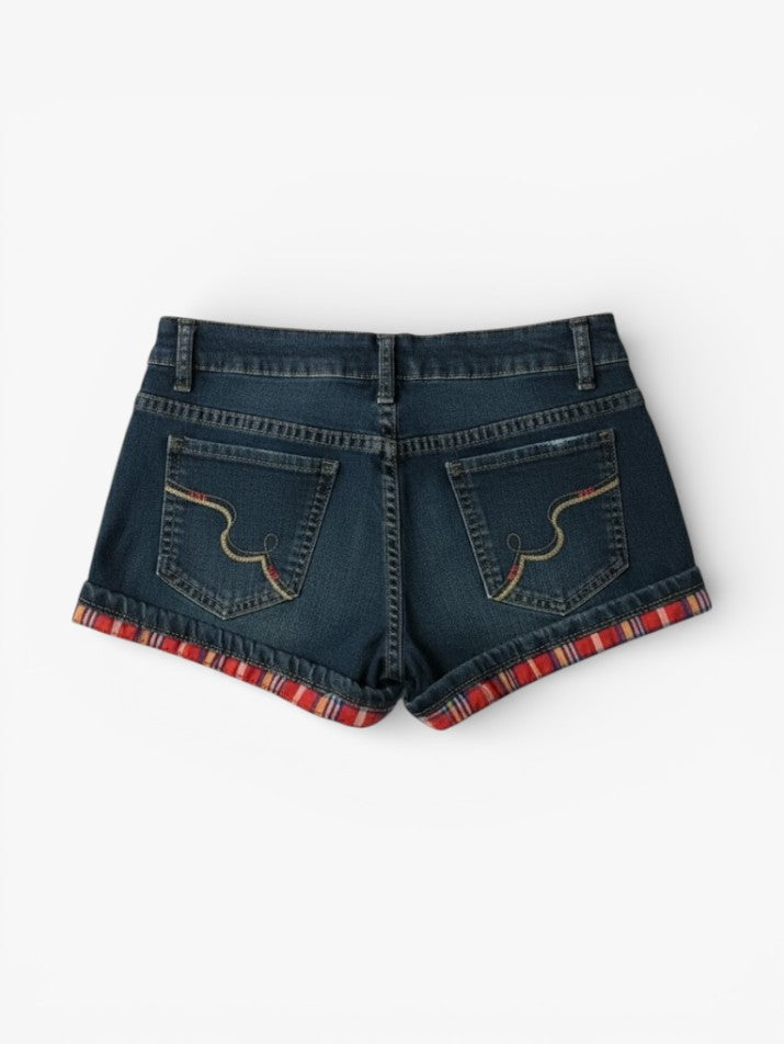Red Plaid Low-Rise Grunge Denim Shorts