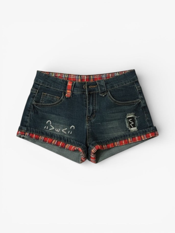 Red Plaid Low-Rise Grunge Denim Shorts