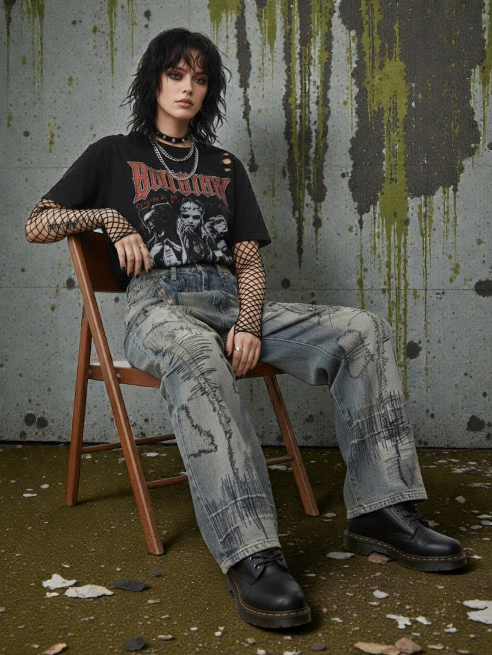Retro Embroidered High-Waist Straight Denim Jeans