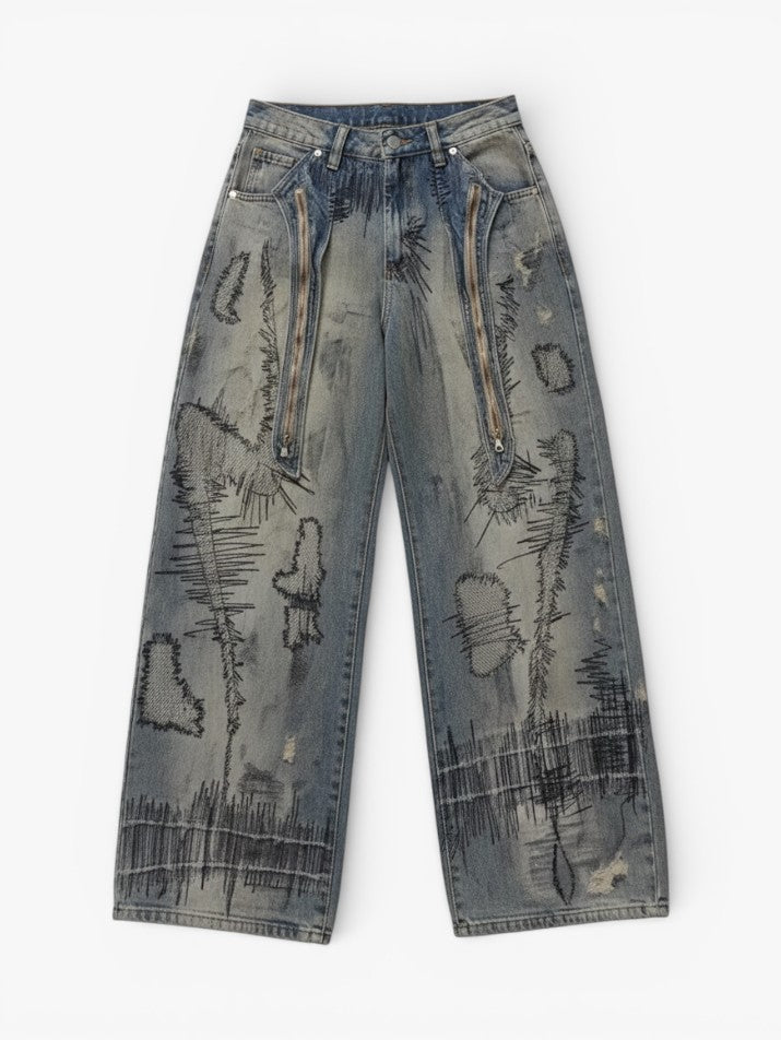Retro Embroidered High-Waist Straight Denim Jeans