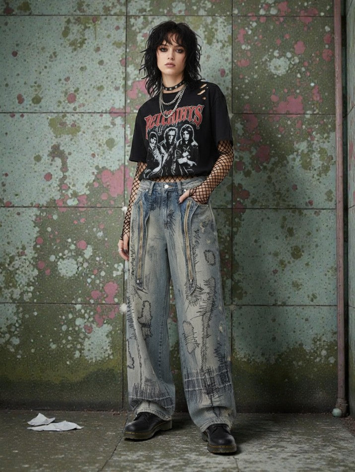 Retro Embroidered High-Waist Straight Denim Jeans