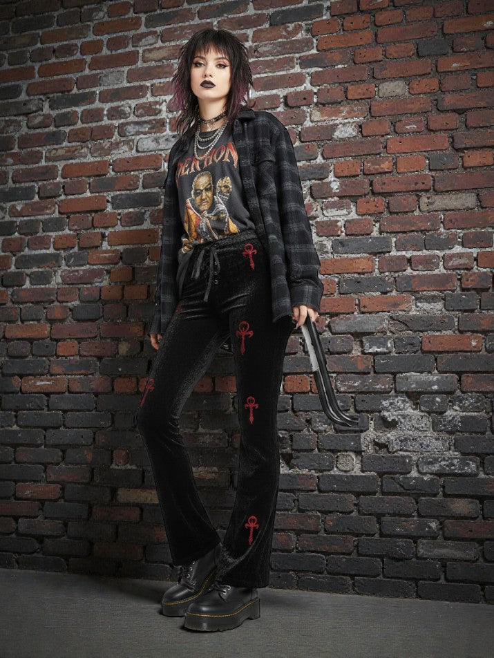 Gothic Cross Embroidered High-Waist Flare Pants