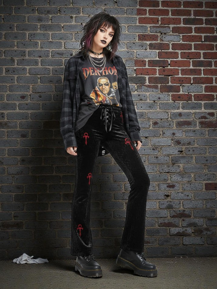 Gothic Cross Embroidered High-Waist Flare Pants
