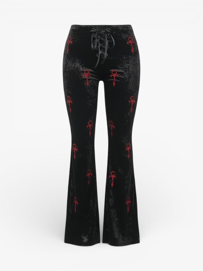 Gothic Cross Embroidered High-Waist Flare Pants