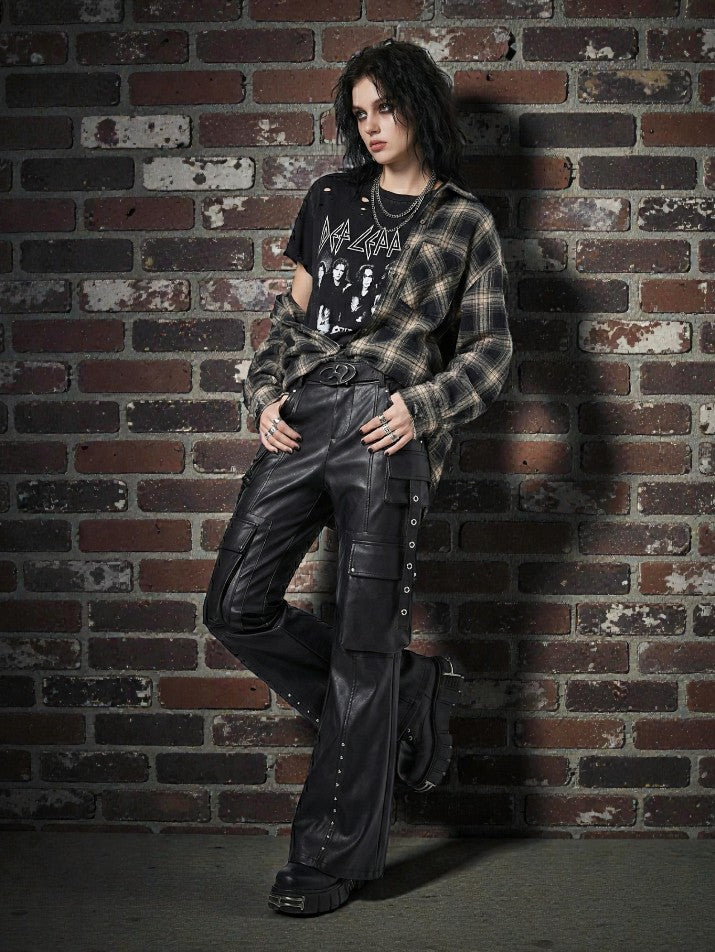 Black PU Leather Wide-Leg Cargo Pants