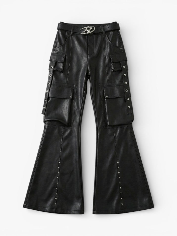 Black PU Leather Wide-Leg Cargo Pants