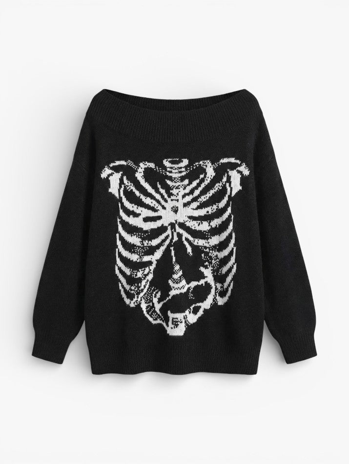 Grunge Skull Print Oversized Pullover Sweater
