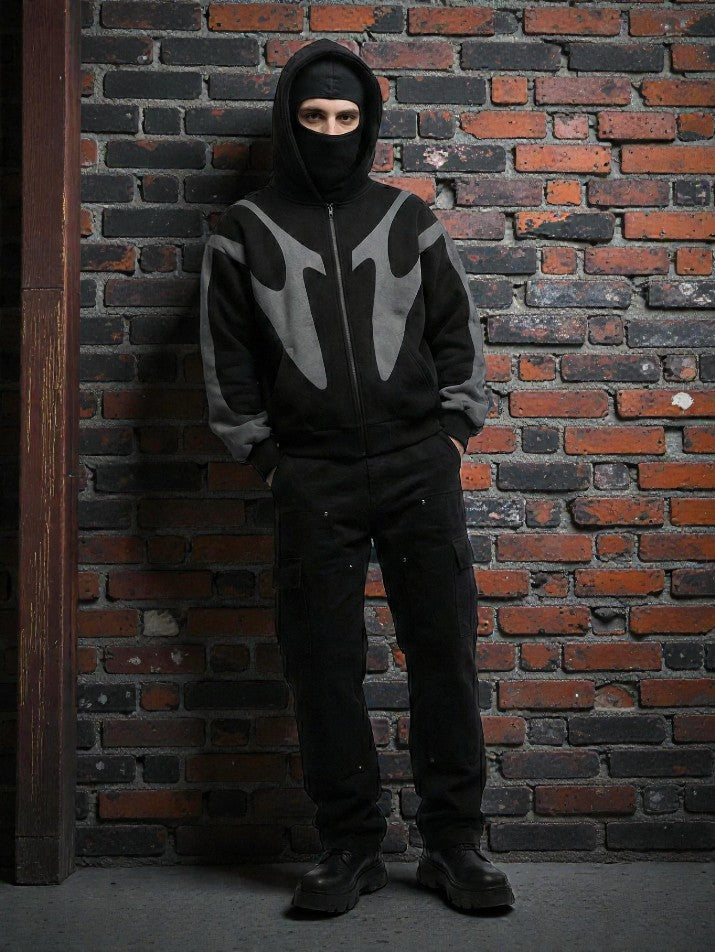 Devil Print Double Hood Zip Hoodie