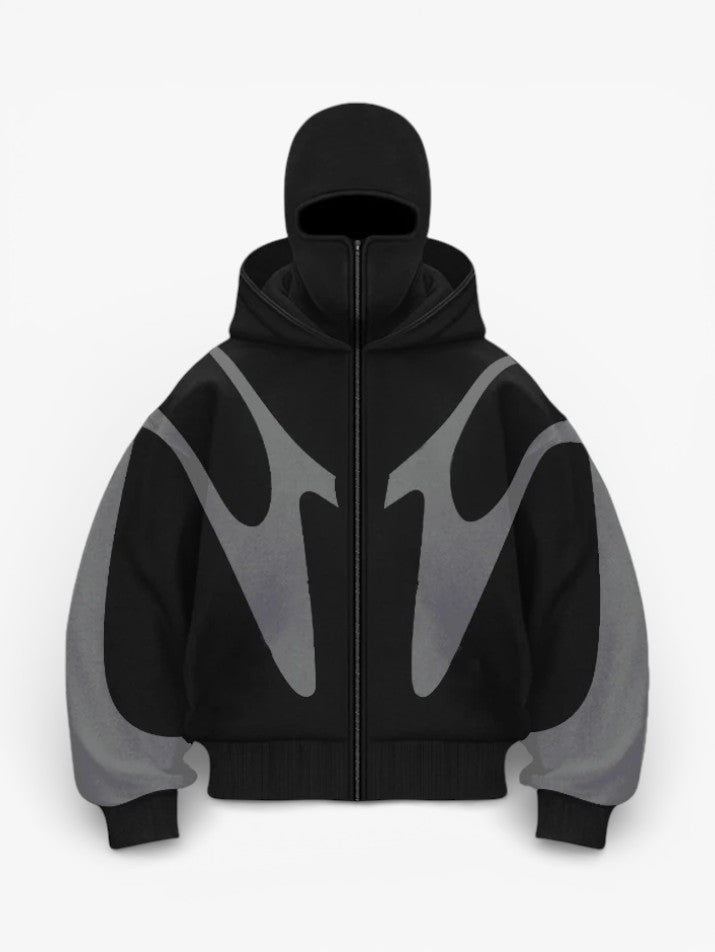Devil Print Double Hood Zip Hoodie