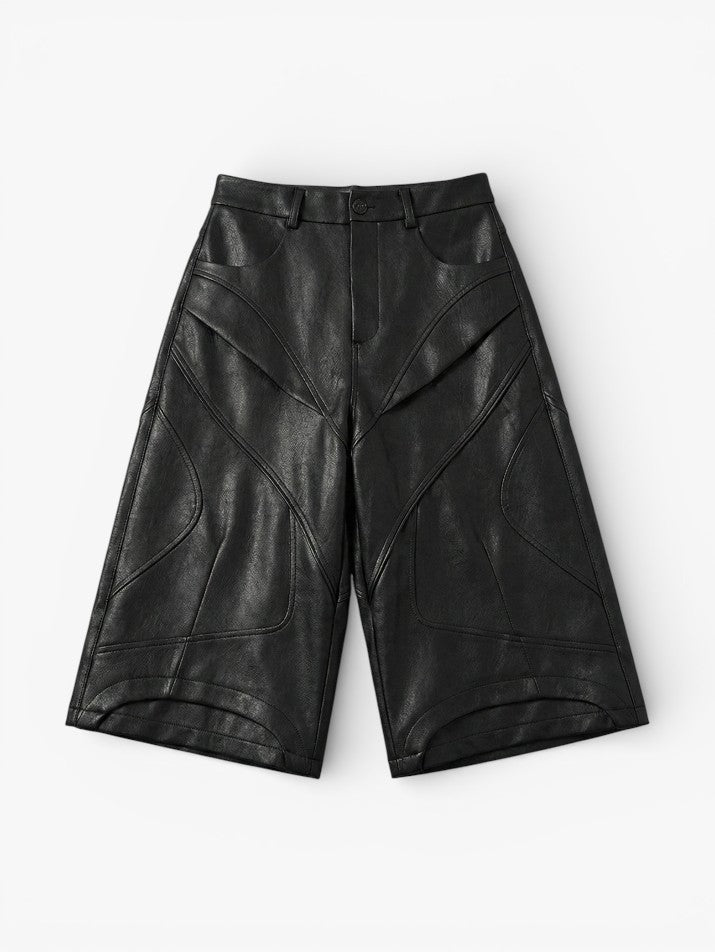 Black PU Leather Knee-Length Shorts
