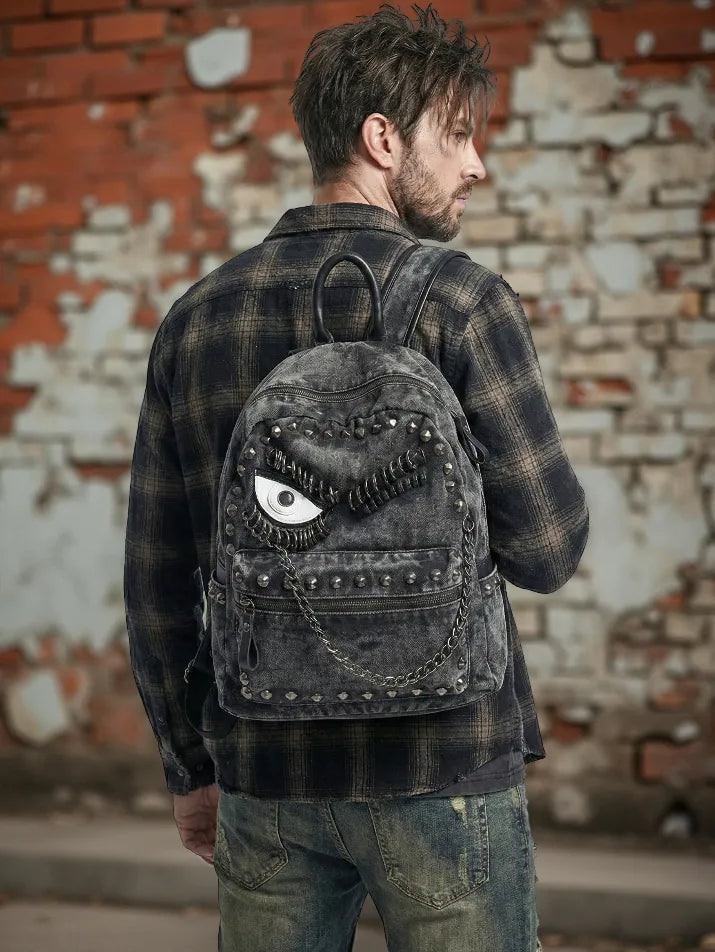 Retro Punk Denim Chain Backpack