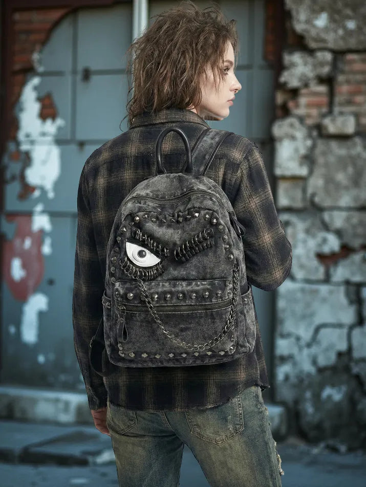 Retro Punk Denim Chain Backpack