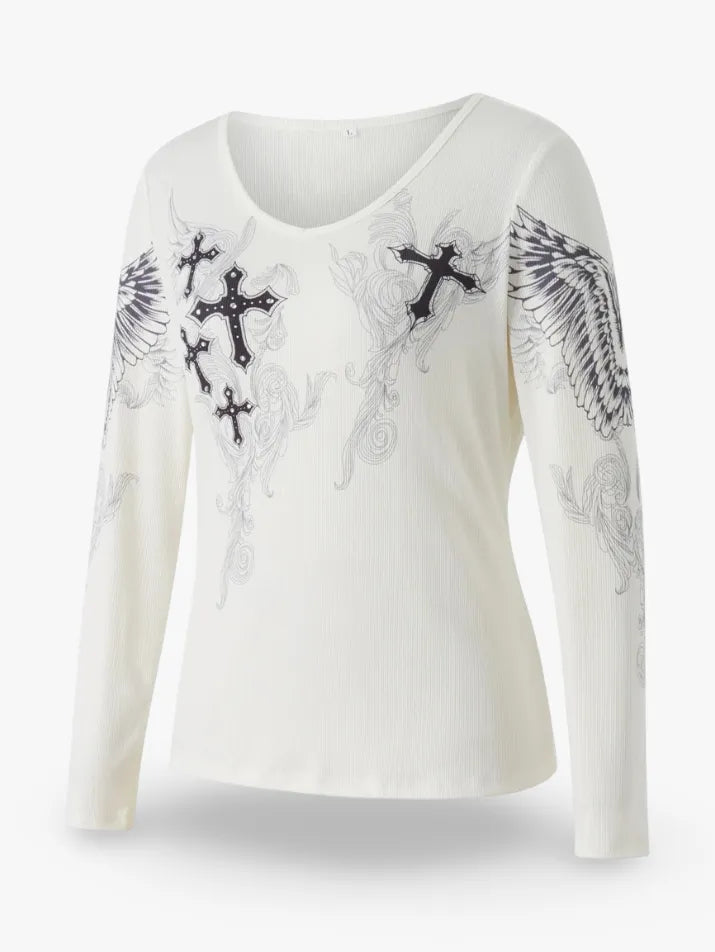 Cross Wing Grunge Long Sleeve Tee