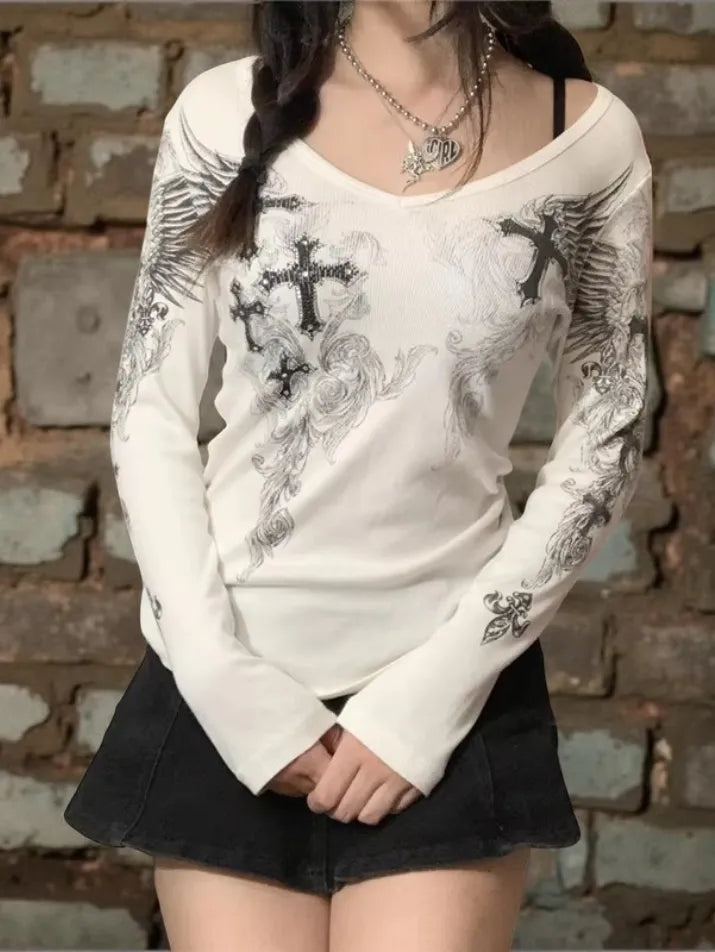 Cross Wing Grunge Long Sleeve Tee