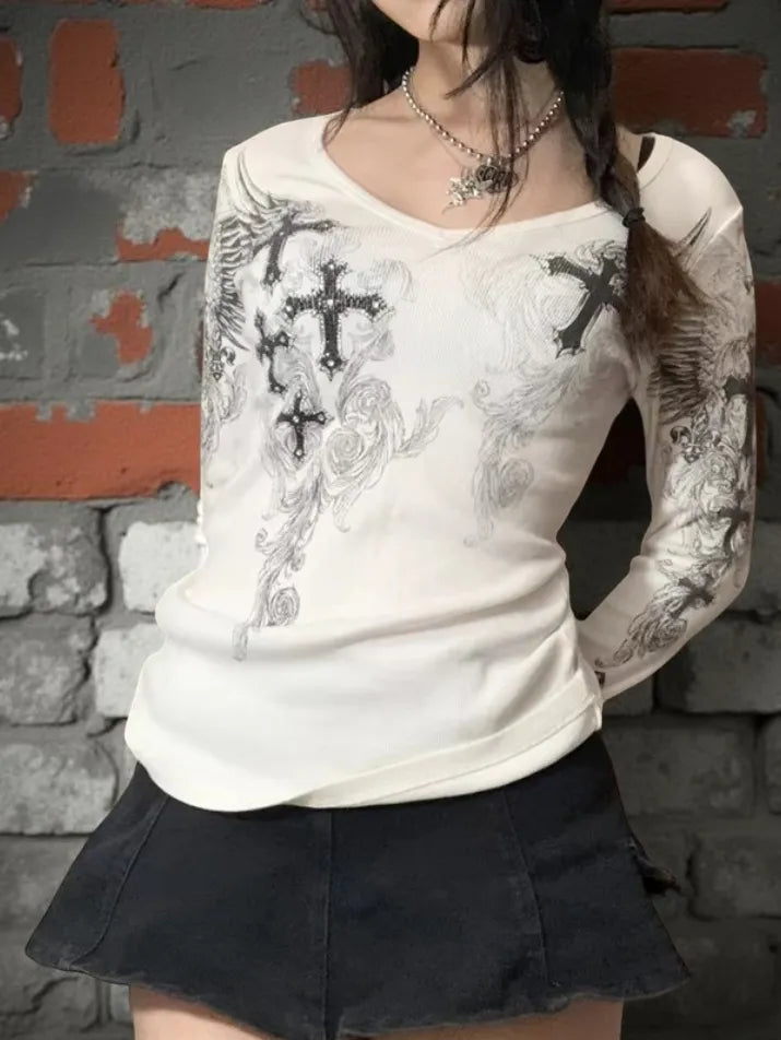 Cross Wing Grunge Long Sleeve Tee