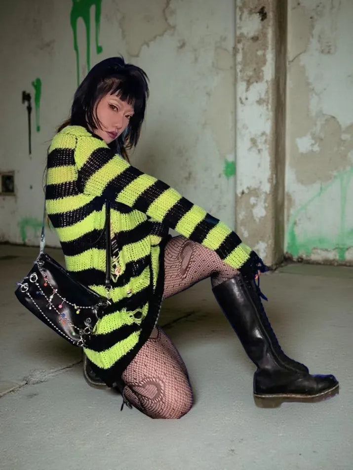Purple Striped Fairy Grunge Knit Sweater