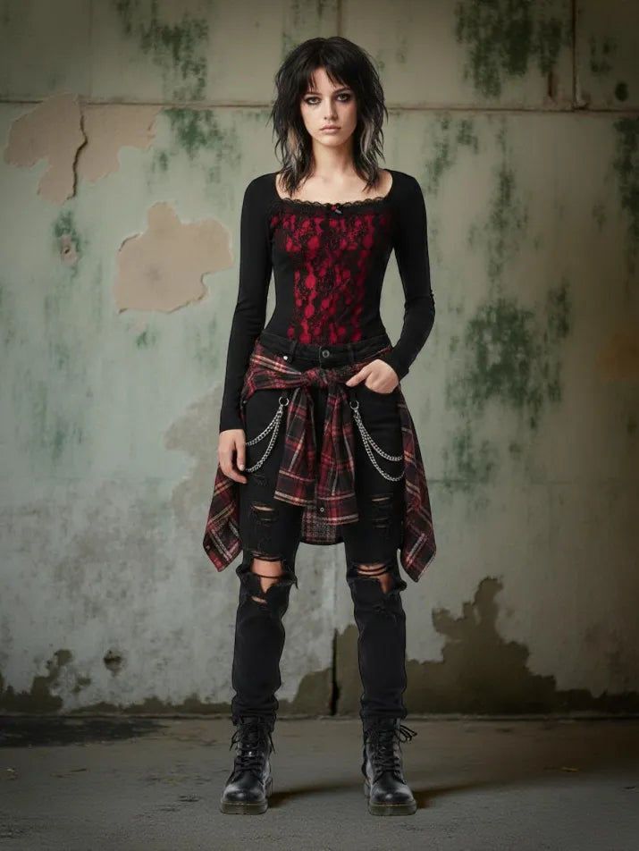 Gothic Lace Square Neck Long Sleeve Top