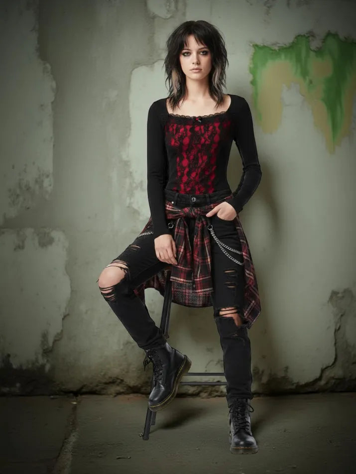 Gothic Lace Square Neck Long Sleeve Top