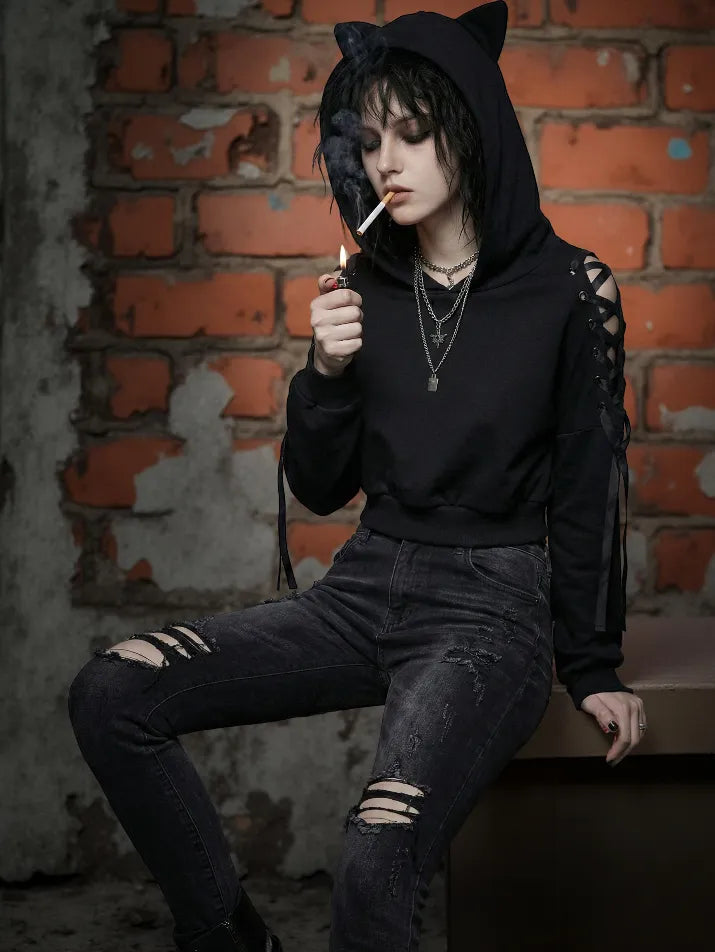 Gothic Hollow-Out Hooded Sweatshirt