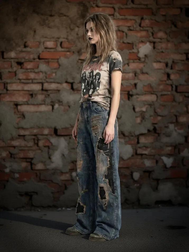 Distressed Low-Waist Wide Leg Jeans