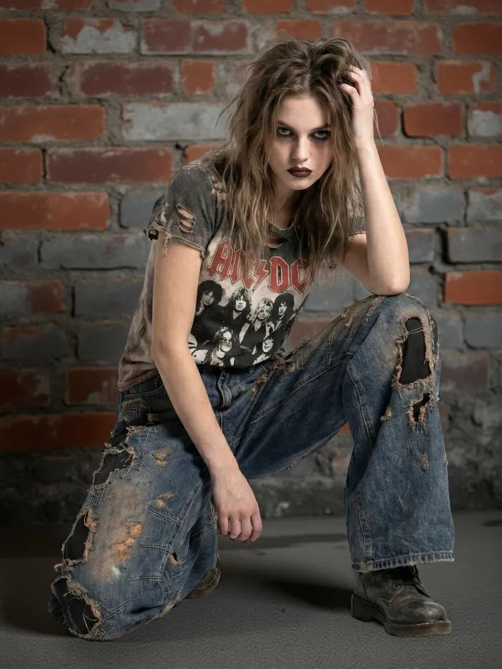 Distressed Low-Waist Wide Leg Jeans