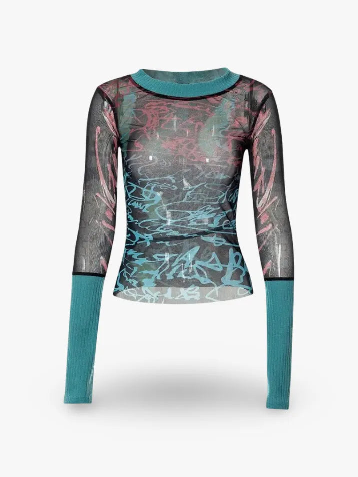 European Paisley Mesh Long Sleeve Top