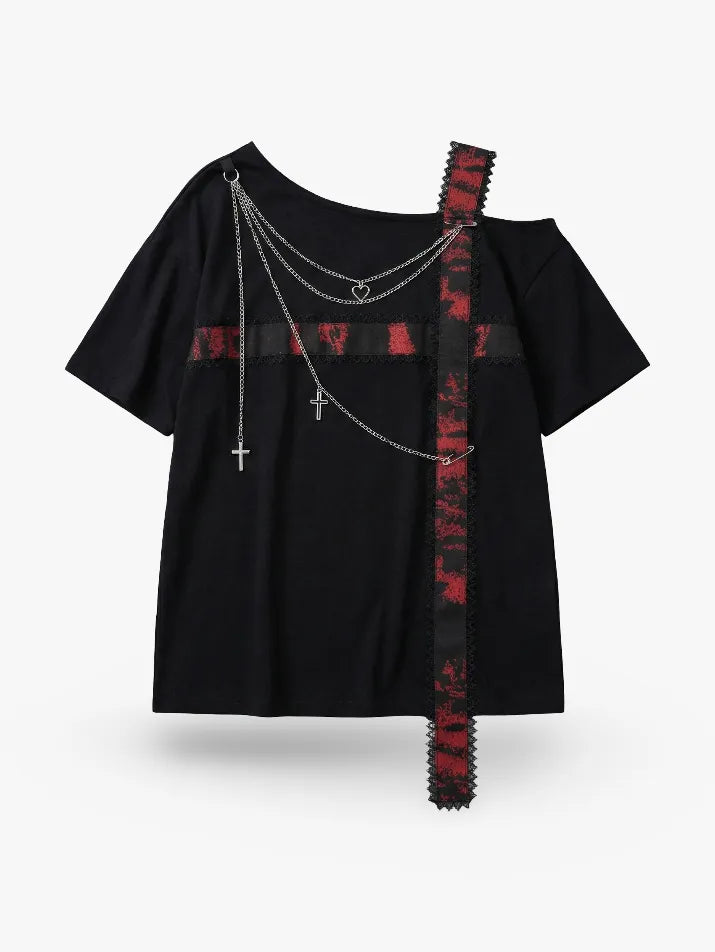 Dark Academia Off-Shoulder Patchwork Tee