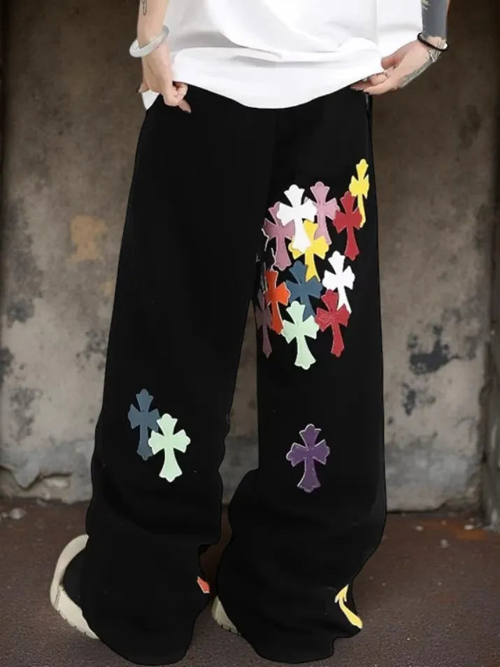 High-Street Cross Puzzle Print Loose Pants
