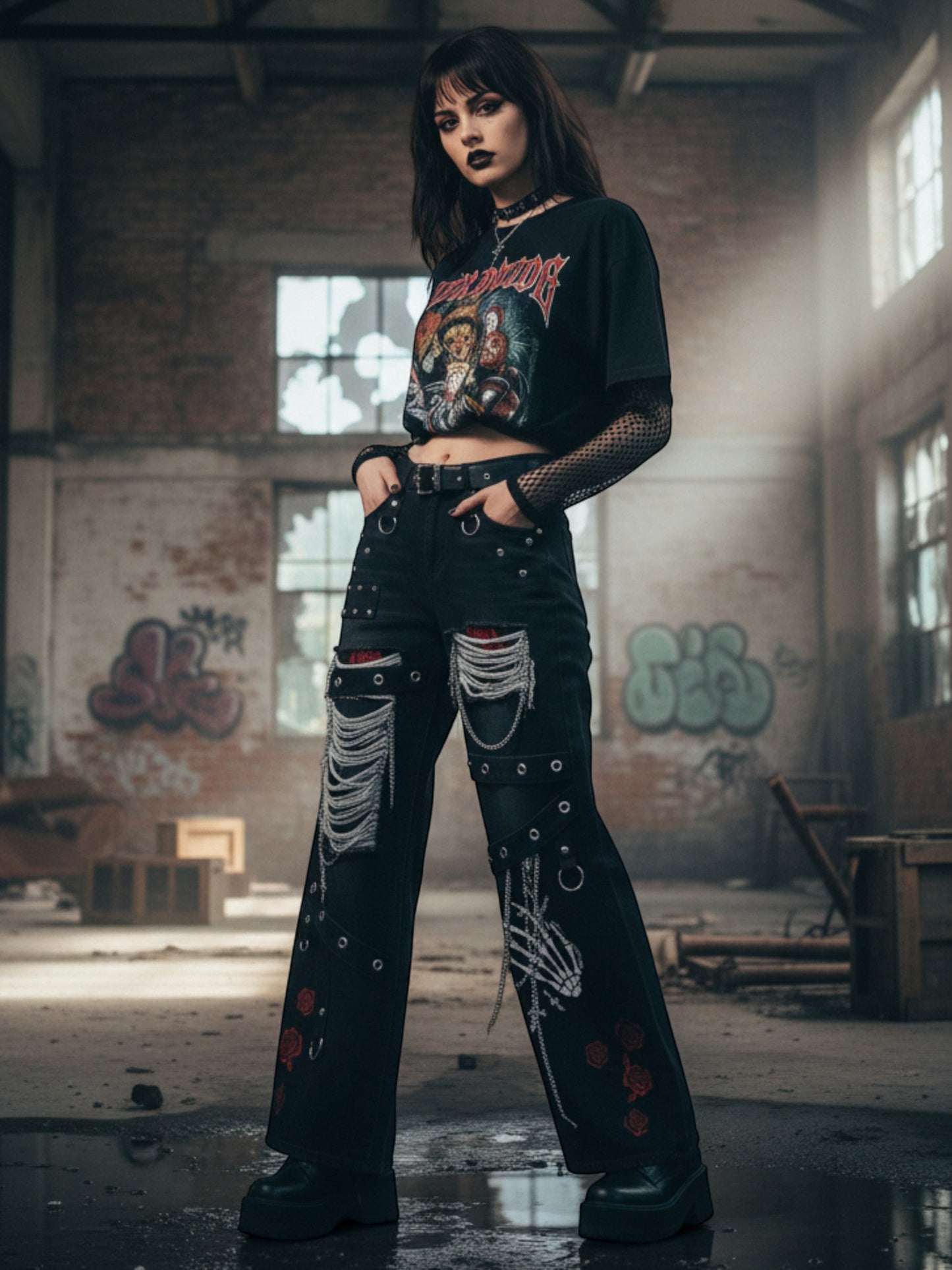 Gothic Chain-Ripped Rose Embroidered Grunge