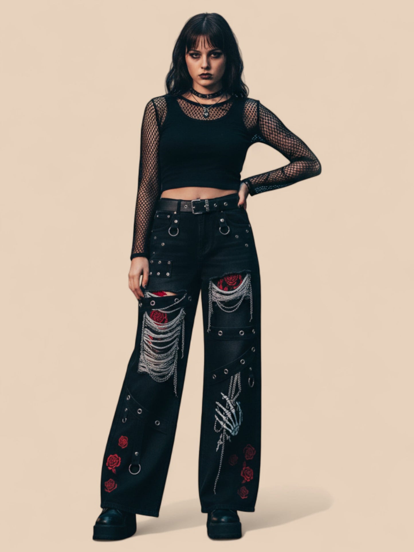 Gothic Chain-Ripped Rose Embroidered Grunge