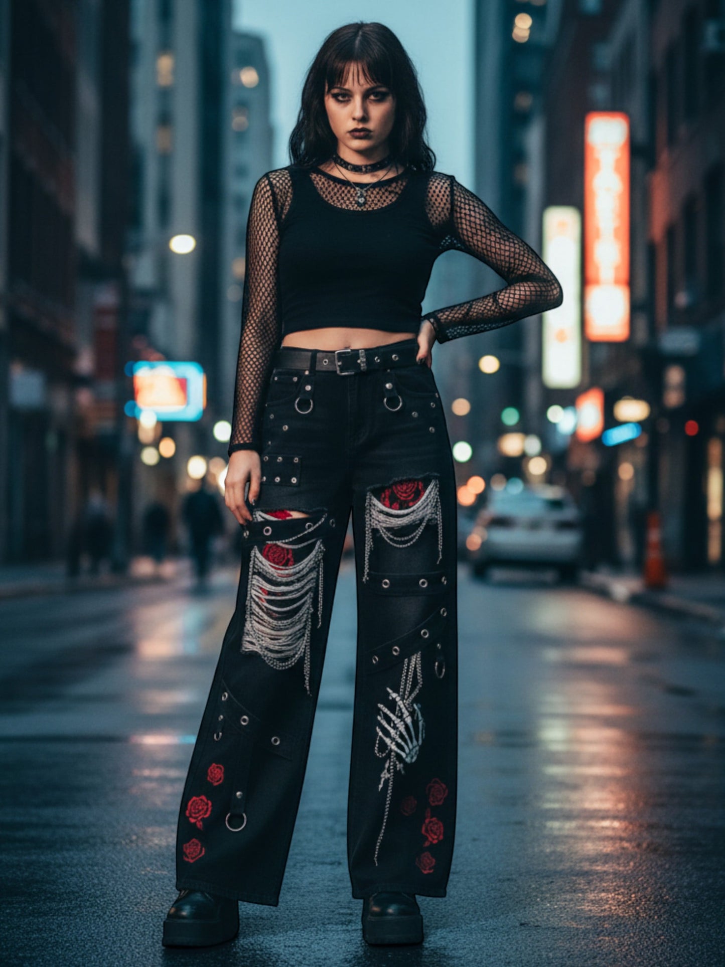 Gothic Chain-Ripped Rose Embroidered Grunge