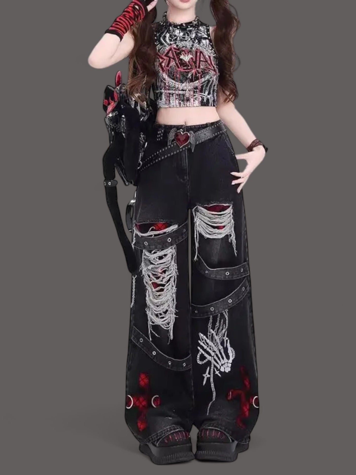 Gothic Chain-Ripped Rose Embroidered Grunge