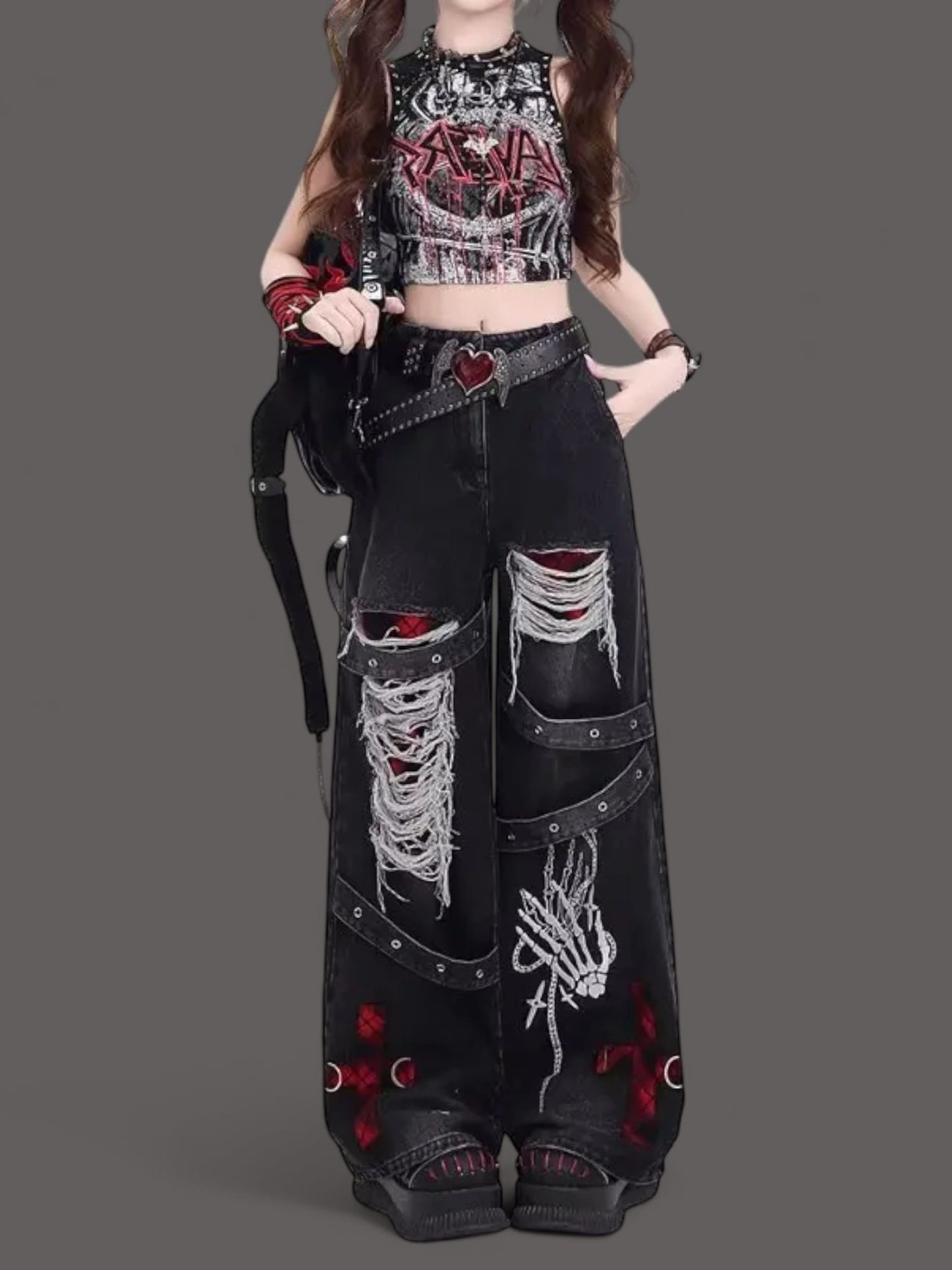 Gothic Chain-Ripped Rose Embroidered Grunge