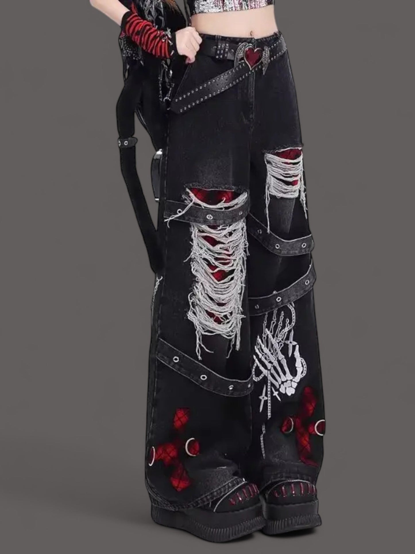 Gothic Chain-Ripped Rose Embroidered Grunge