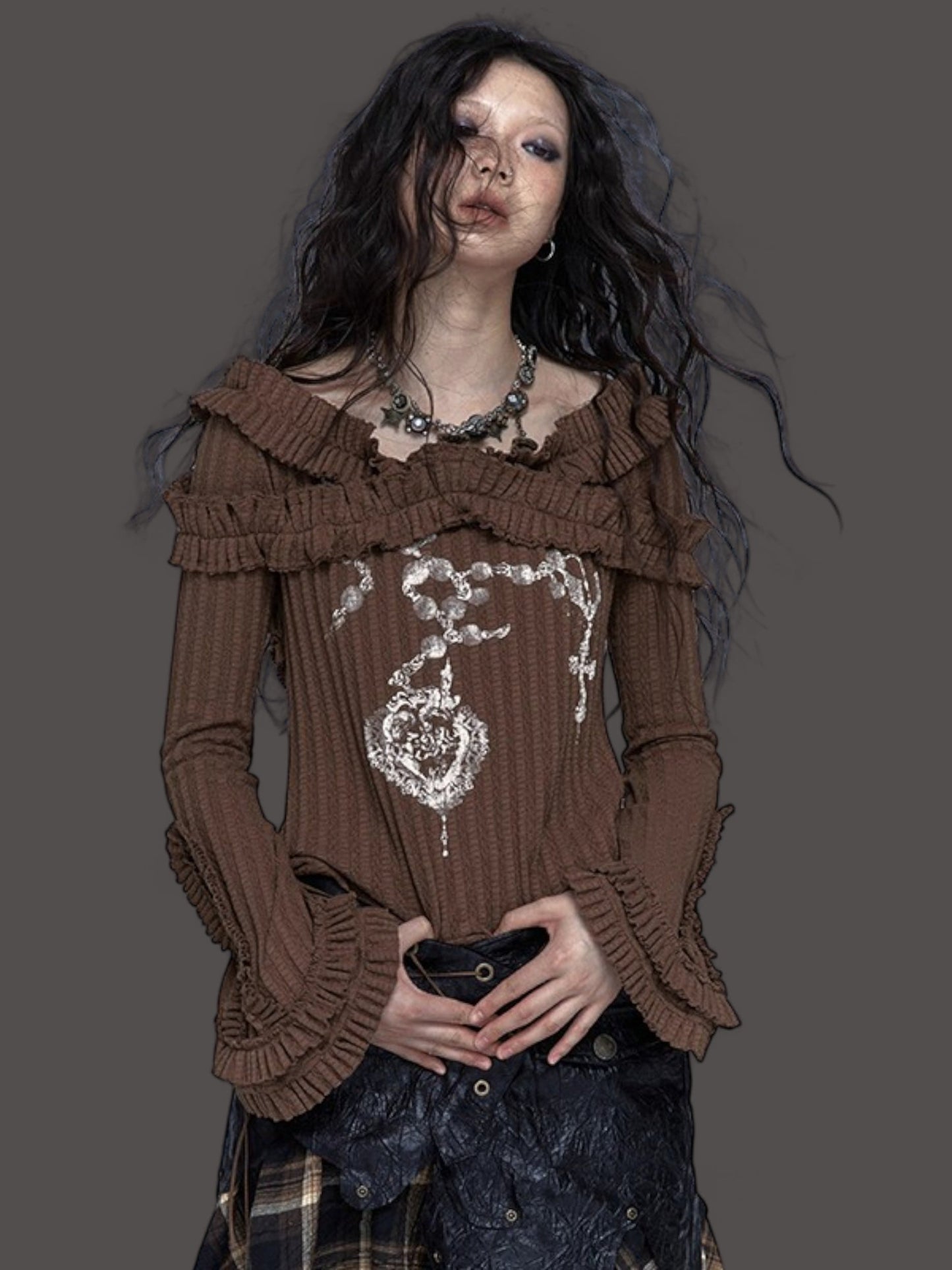 Grunge Tattoo Print Ribbed Top