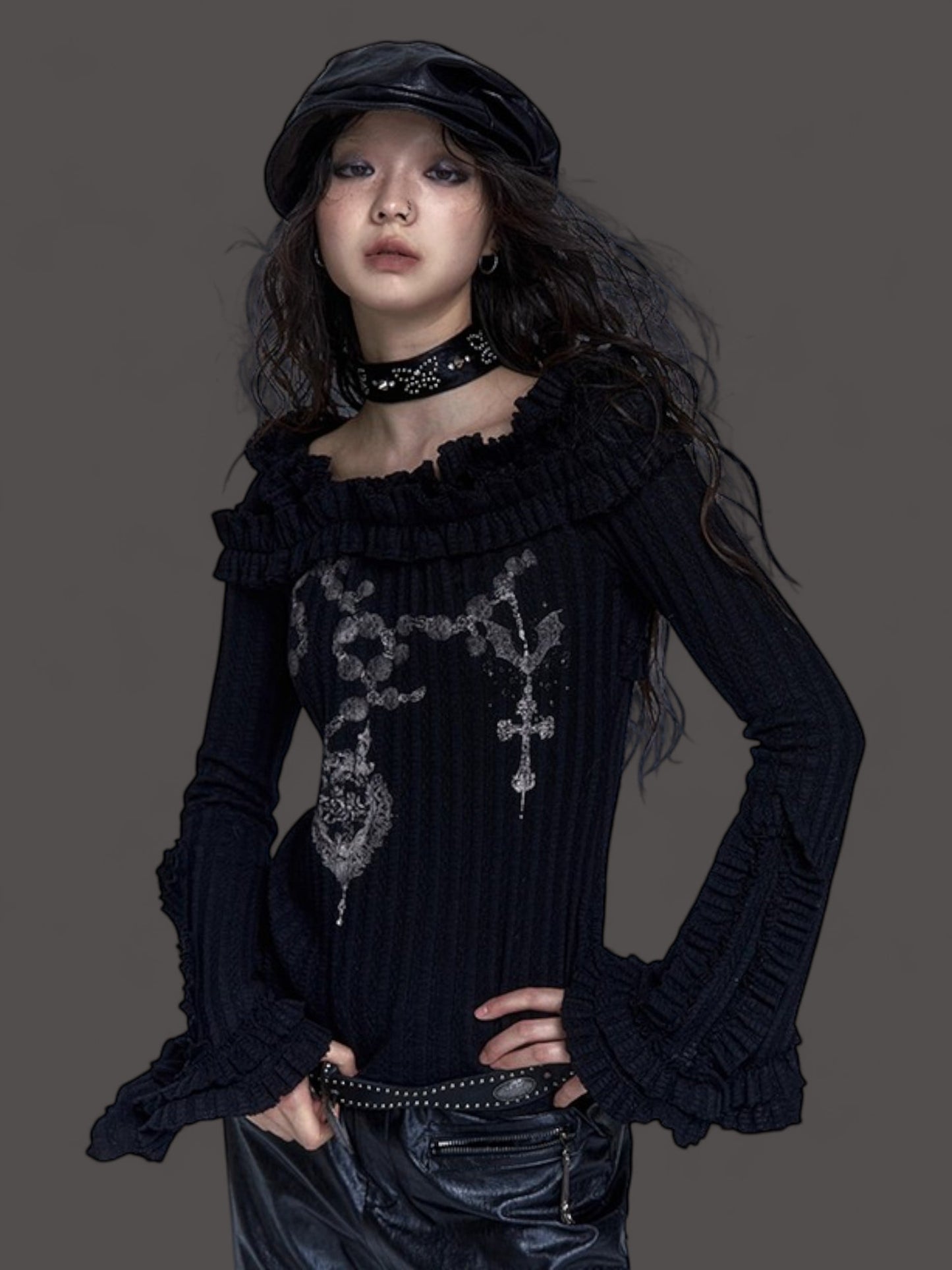 Grunge Tattoo Print Ribbed Top